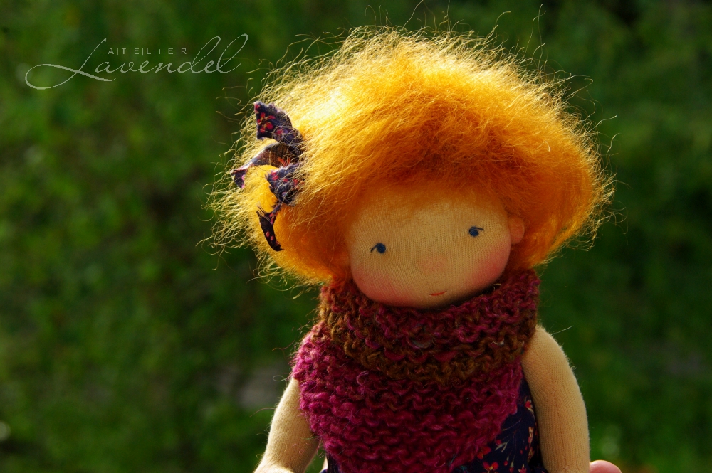 handmade little Waldorf doll: Meet Dora! Standing 9 in, she is an ooak Waldorf inspired doll by Atelier Lavendel, made with high quality all natural materials.