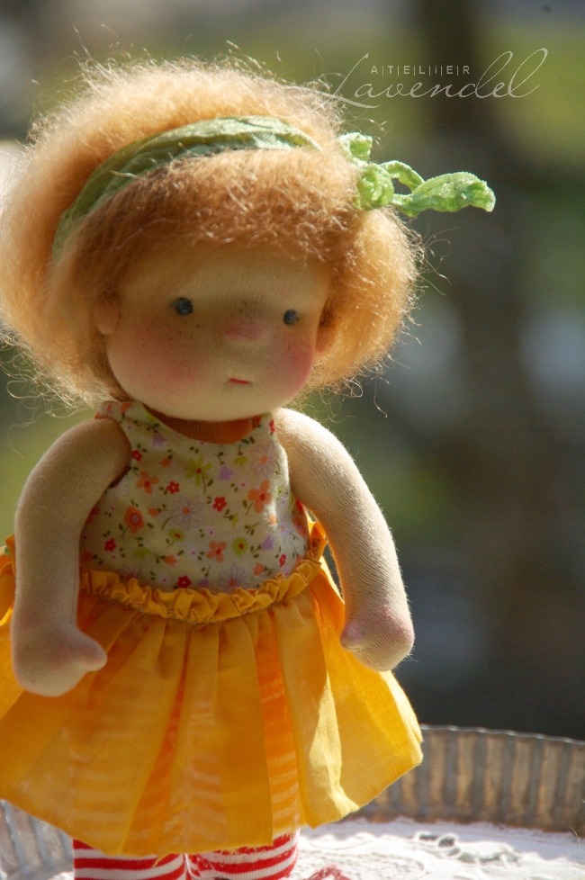 artist made Waldorf doll: meet Dora, Waldorf inspired natural fibres doll by Atelier Lavendel. Made with all natural organic materials, Dora stands 9 in.